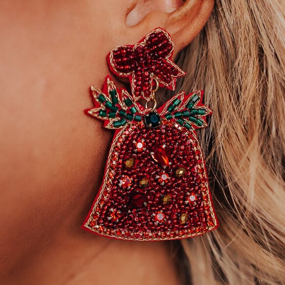 Jingle Bells Crystal & Seed Beaded Christmas Statement Earrings NEW - Picture 6 of 6